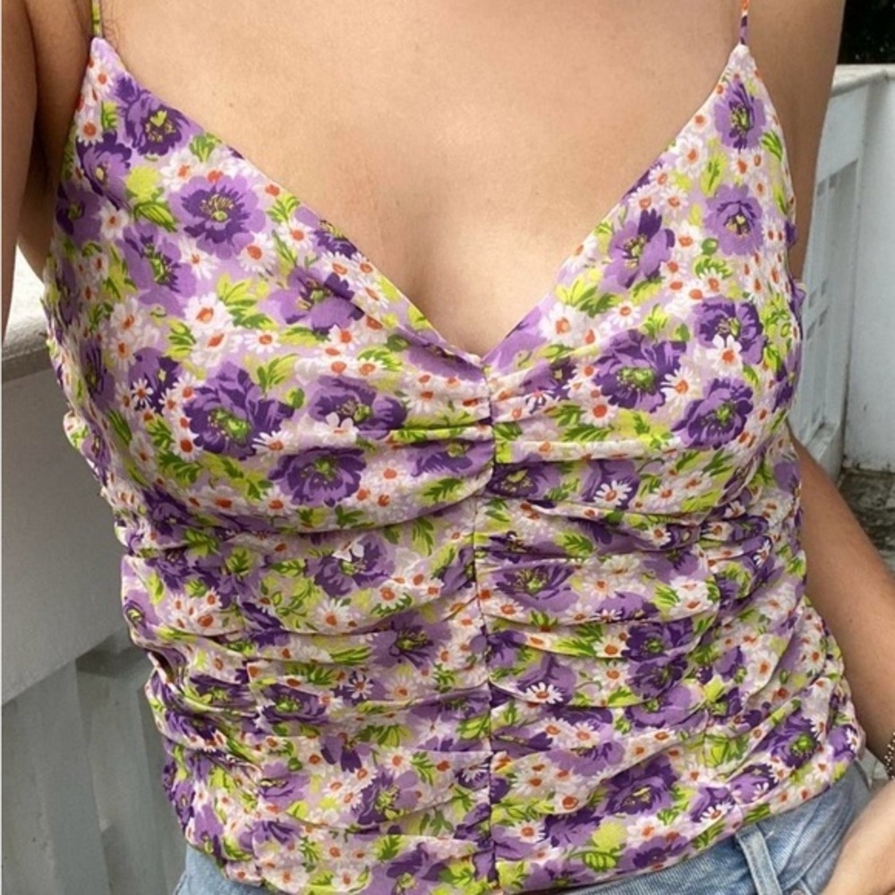 Zara floral ruched crop top, spaghetti straps, small, beach, boho, festival